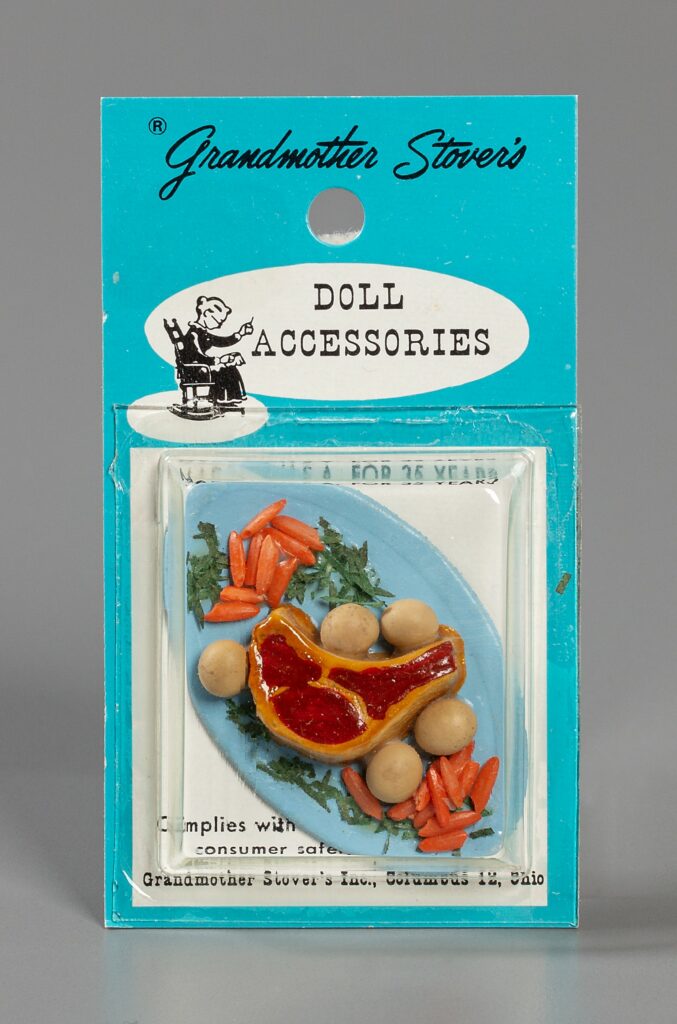 Image of a miniature root beef, potatoes and carrots from Grandmother Stover’s Miniature: Roast, 1960s, Gift of Marie E. Stareck. The Strong National Museum of Play, Rochester, New York.