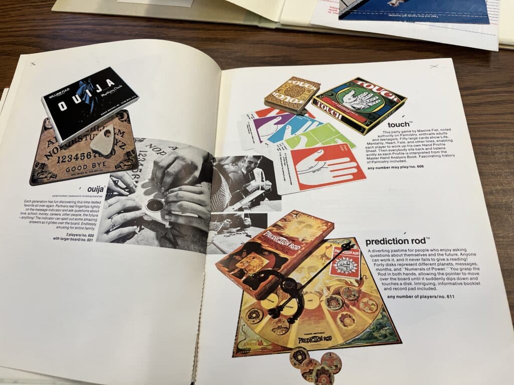 Illustration of An advertisement for Ouija featuring the “blue ghost” box and several other related divination games in the issue of Parker Brothers catalog released in 1971 the year The Exorcist book came out. 