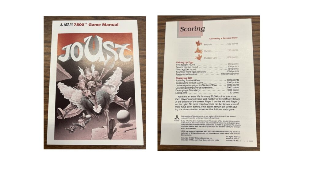 First and last page of the manual of the home console version of Joust (Atari, 1987)
