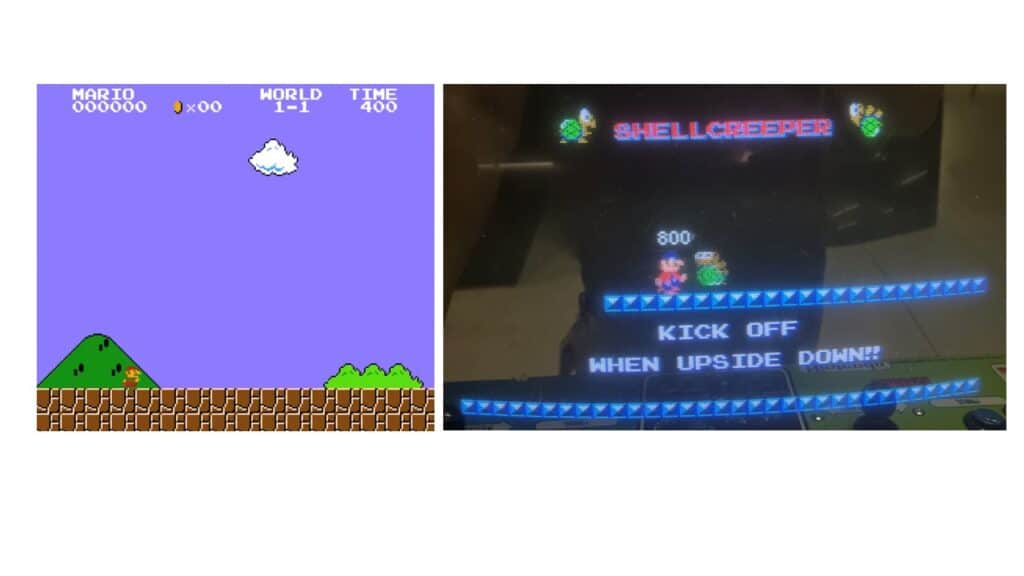 First game screen in Super Mario Bros. on NES (Nintendo, 1985) and non-interactive tutorial in Mario Bros. on arcade (Nintendo, 1983). The Strong National Museum of Play, Rochester, New York.