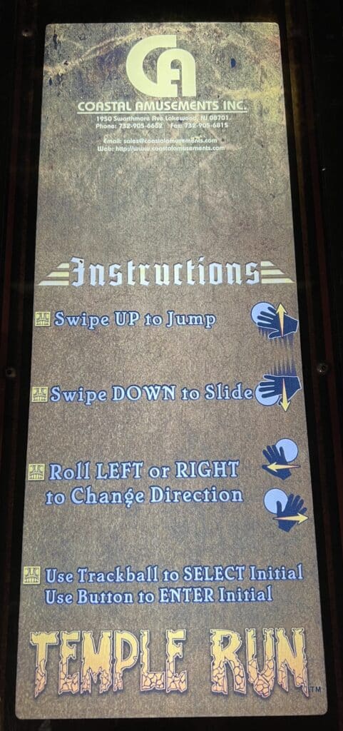 Printed instructions on Temple Run (Coastal Amusement, 2012) terminal