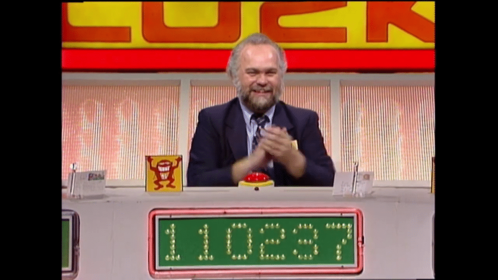Michael Larson on the set of Press Your Luck with 110,237 dollars in winnings on the board
